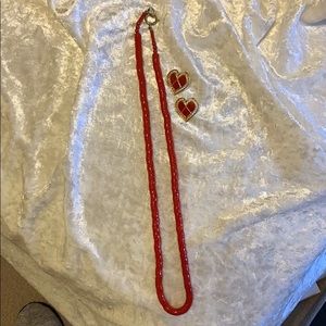 Red long beaded necklace with Earrings